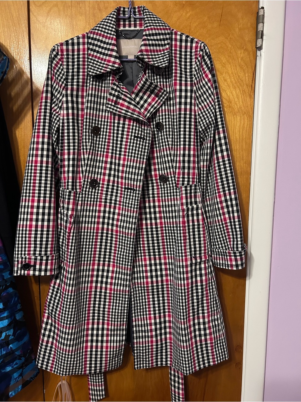 Banana Republic Red, Black & White Plaid Double-Breasted Trench Coat
